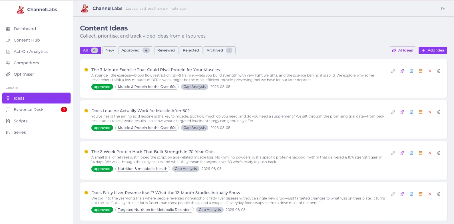 Approved content ideas with descriptions, topic areas, sources and direct create-script actions.