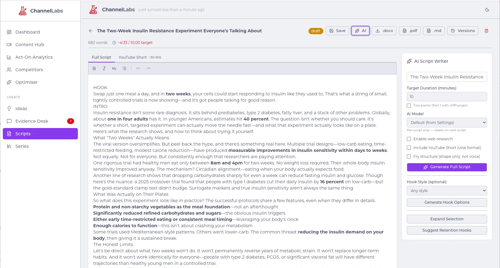 ChannelLabs Script Studio with a populated long-form script, exports and AI writing controls.