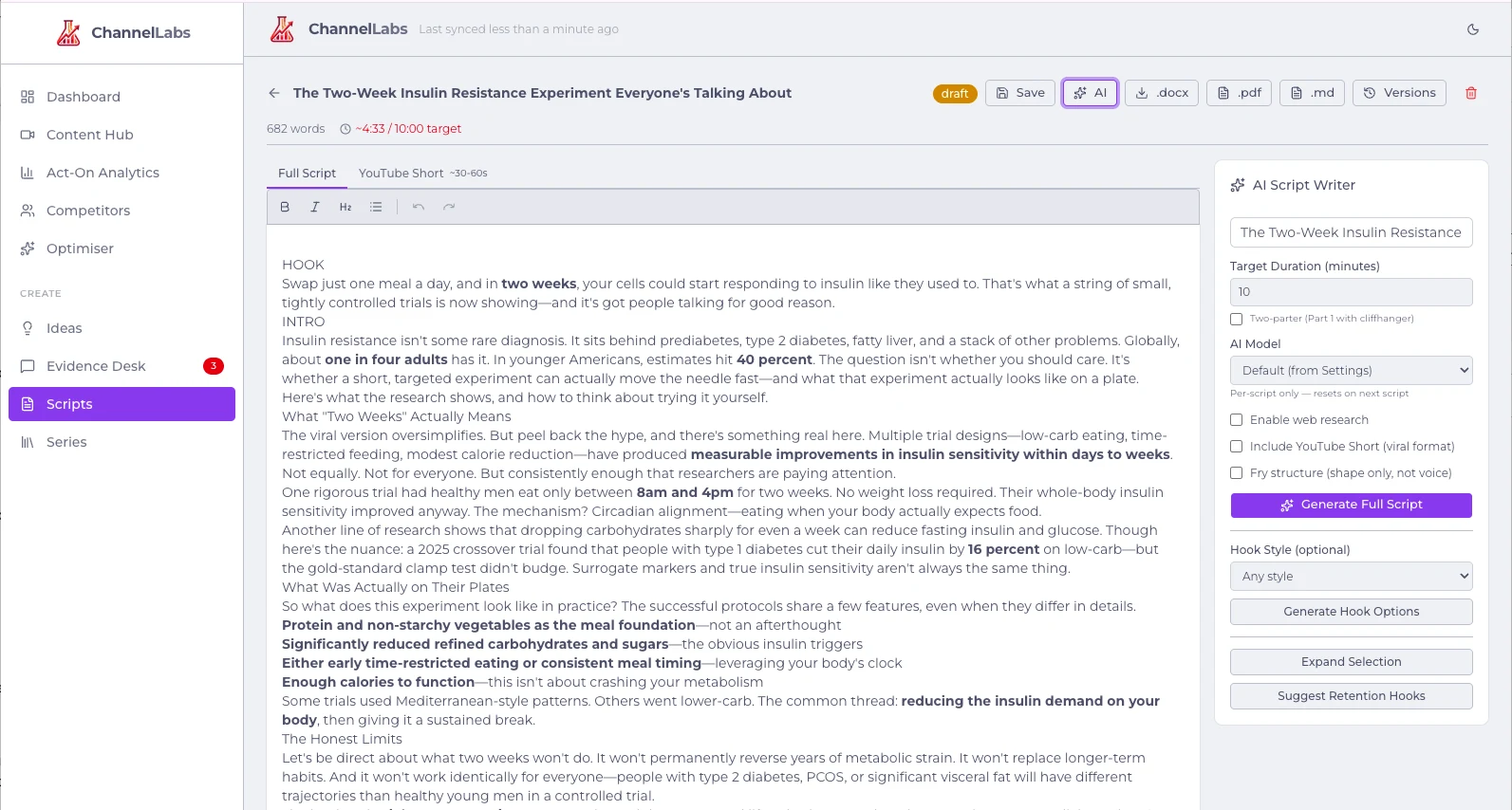 ChannelLabs Script Studio with a long-form script and AI writing controls.
