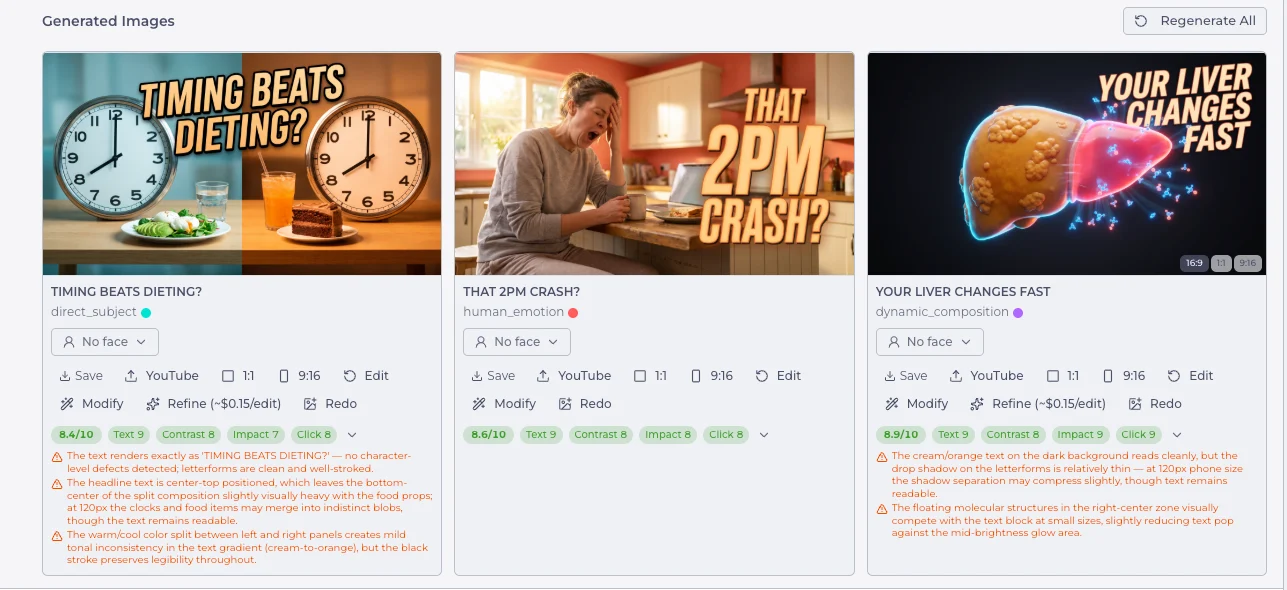 Three generated thumbnail concepts with vision scores and specific review findings.