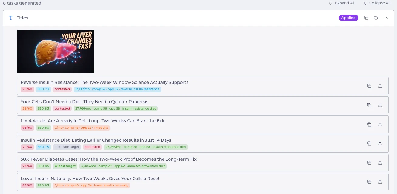 Generated title options showing length, SEO score, competition, opportunity and best-target evidence.